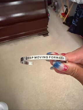 Keep Moving Forward Stainless Steel Silver Motivational Cuff Bracelet